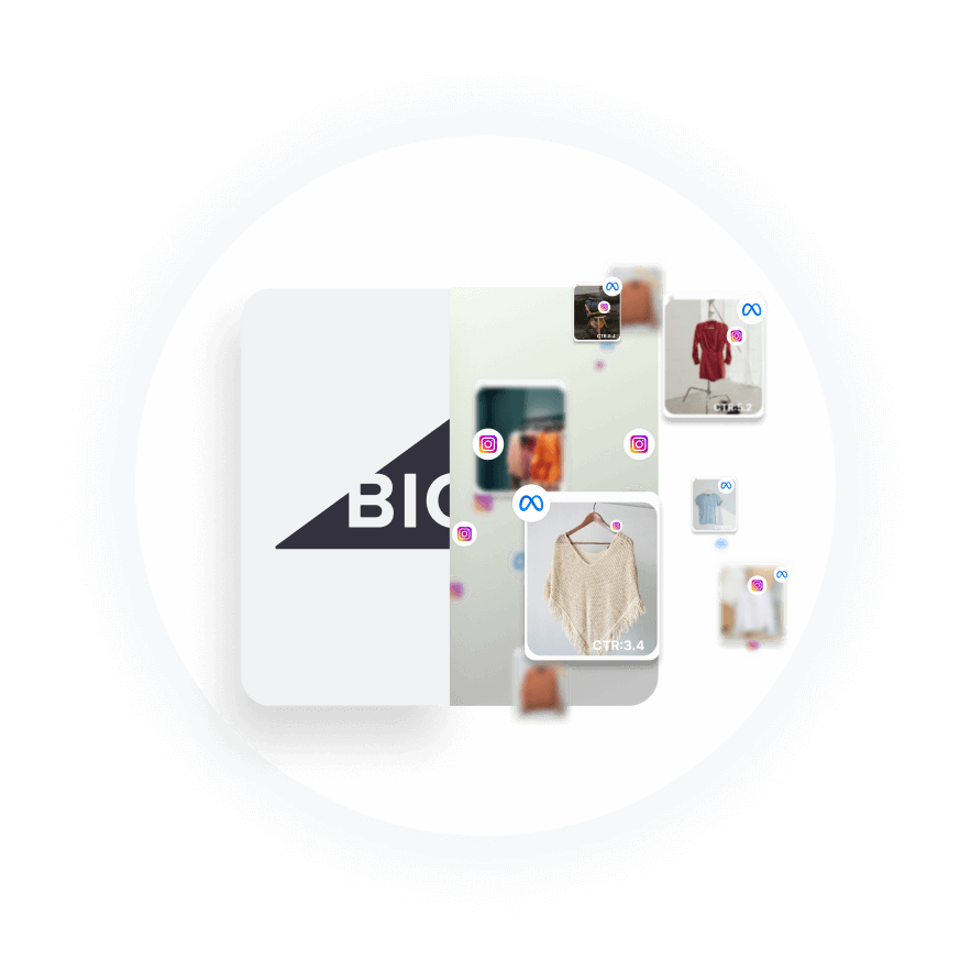 Bigcommerce logo surrounded by clothing items, symbolizing seamless AI Ads launch on Facebook, TikTok, and Google Ads.