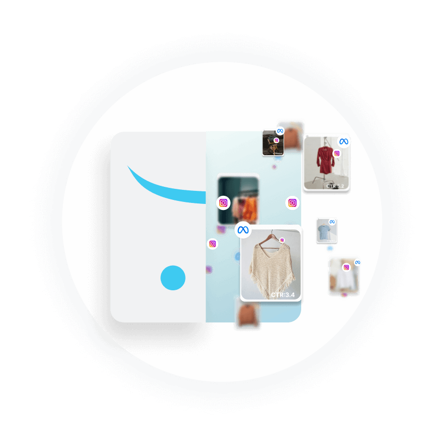 Opencart logo surrounded by clothing items, symbolizing seamless AI Ads launch on Facebook, TikTok, and Google Ads.