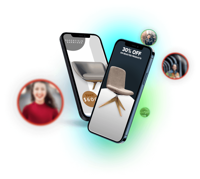 Two mobile smartphones side by side, each displaying a modern-style chair, symbolizing AI-powered ad automation.