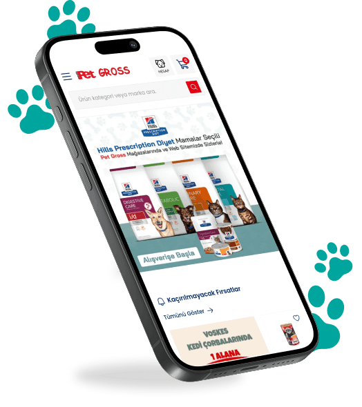 Petgross online satış platformu, internetten kedi köpek maması siparişi vermek için uygulama ekranı