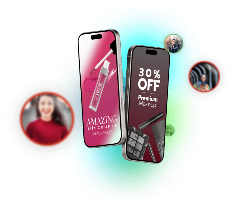 Two smartphones side by side displaying a discounted pink lipstick and 30% off makeup, symbolizing automated AI ad creation for cosmetics e-commerce.