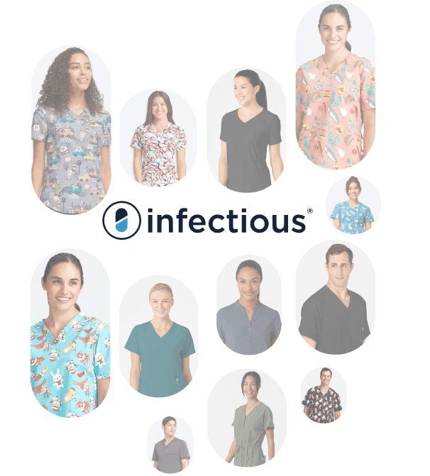Infectious Clothing Company logo with a diverse group of male and female nurses and doctors wearing colorful, black, and patterned medical scrubs for healthcare professionals.