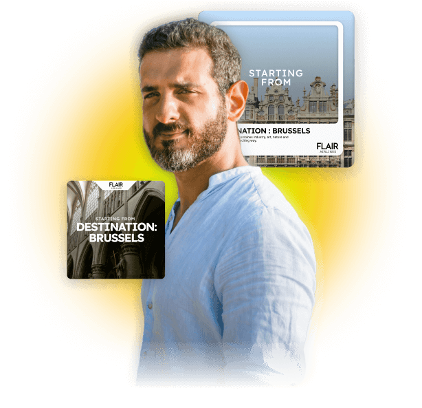 Bearded tourist man in a light blue linen shirt, representing AI-generated tourism ad creatives for Brussels destination.
