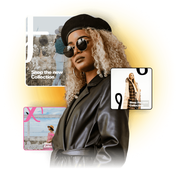 Cool fashion model with blonde dyed curly hair, wearing sunglasses and a leather jacket, representing AI-made ad creatives for apparel e-commerce and Shopify fashion stores.