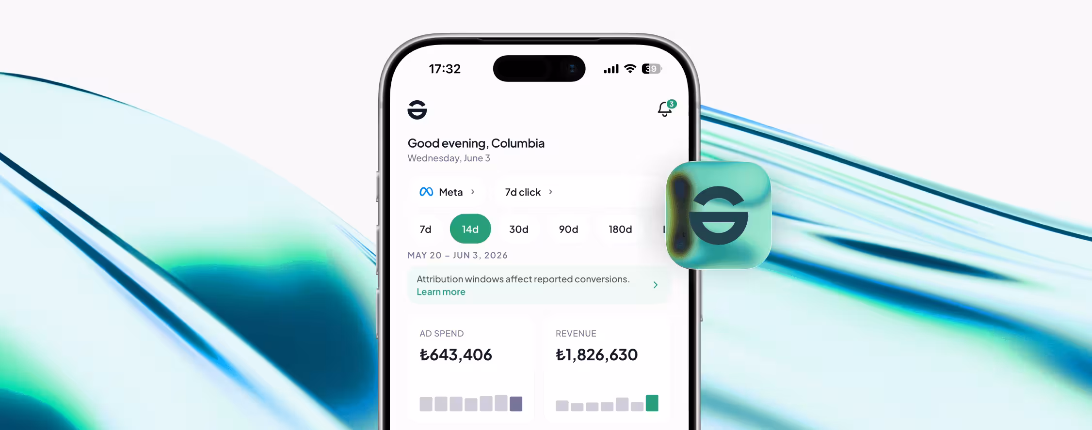 Enhencer mobile app — real-time ad spend and revenue tracking dashboard